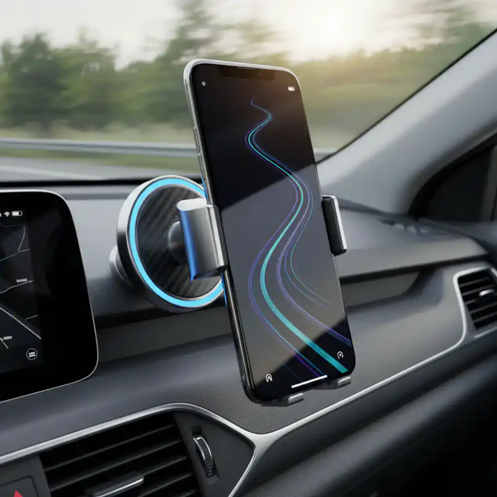 Magnetic car mount securing a smartphone during a drive