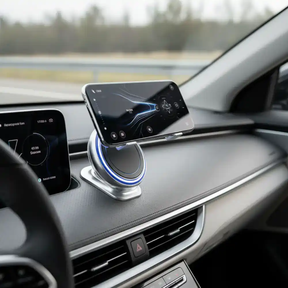 Magnetic car mount in action on dashboard