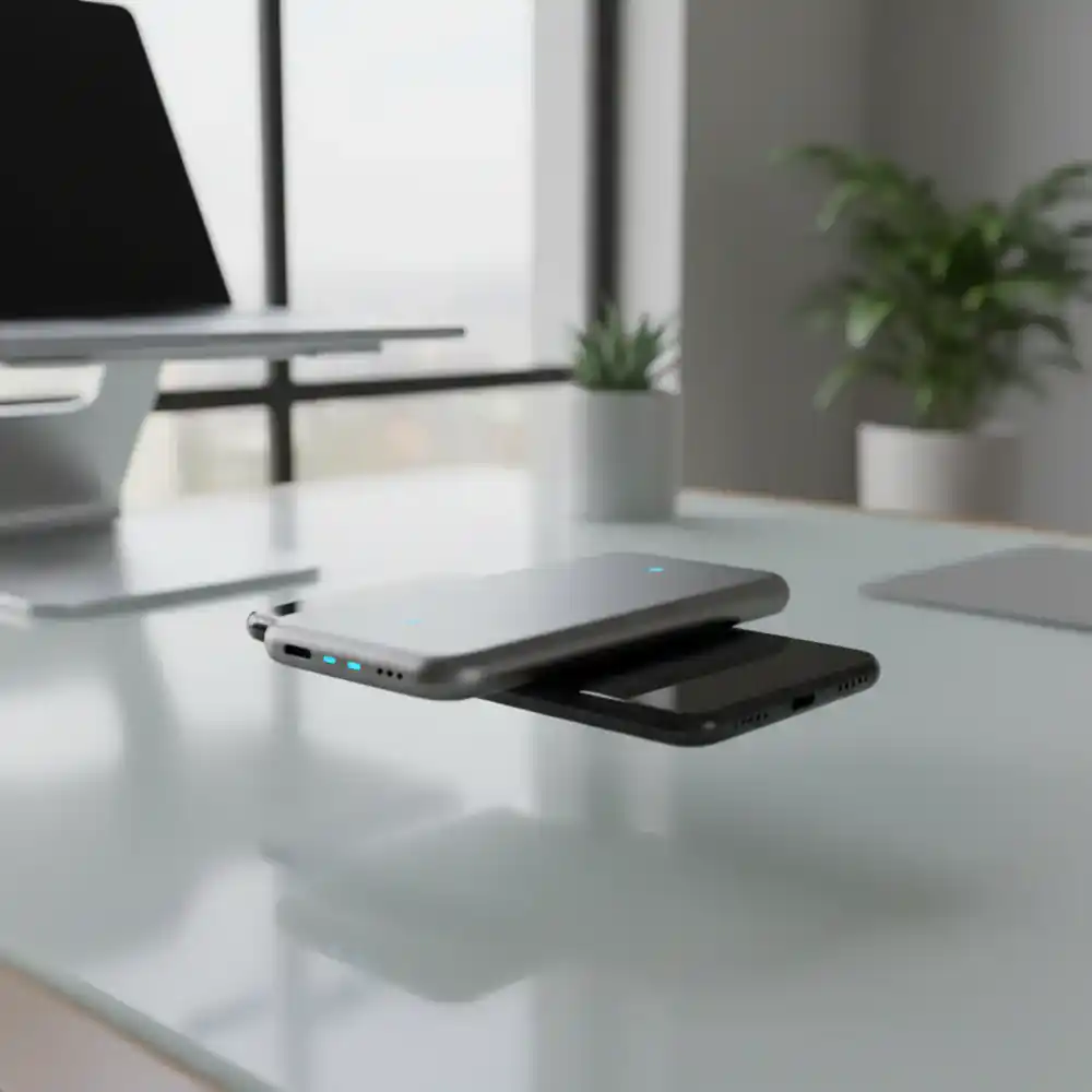 Sleek wireless power bank magnetically attached to a phone