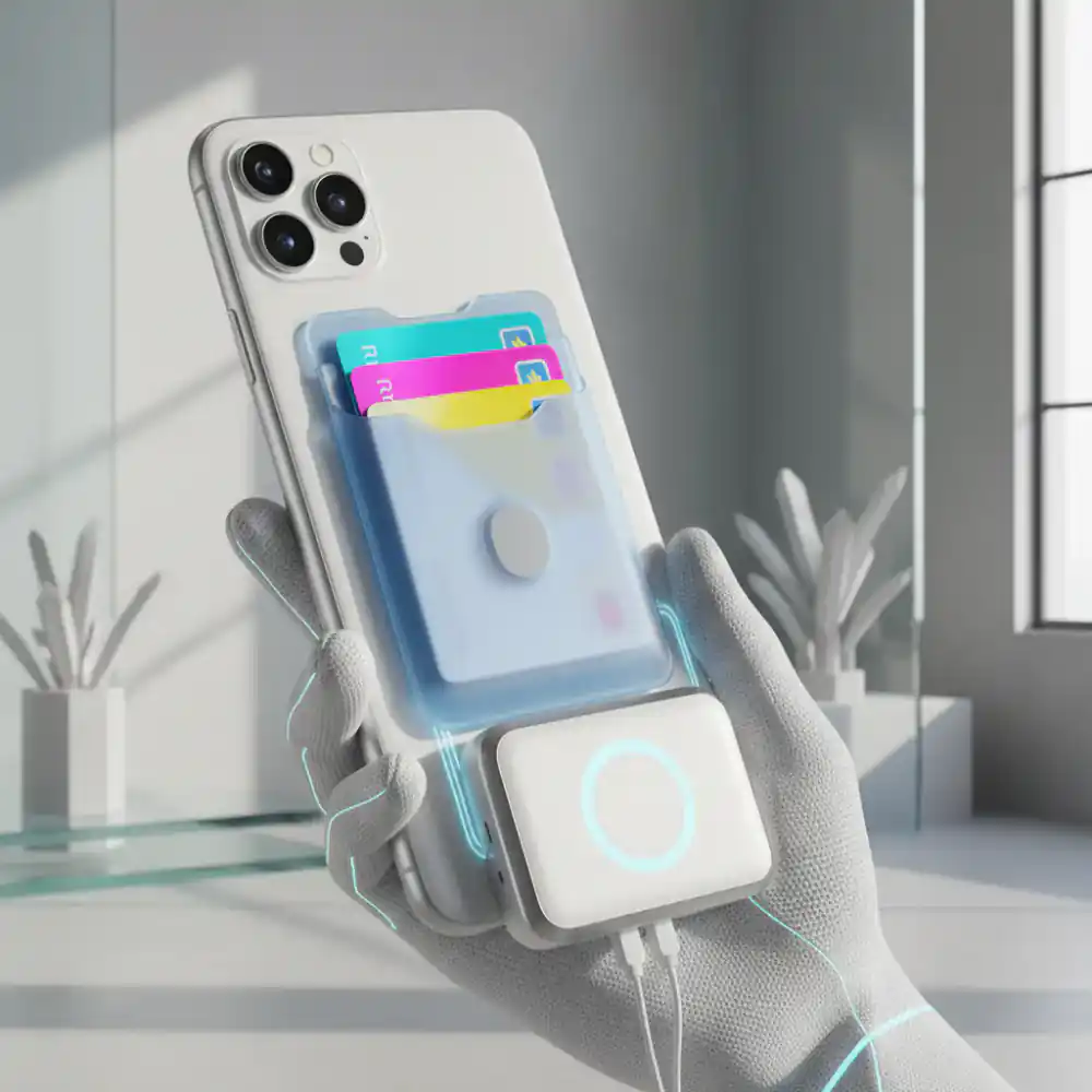 Magnetic wallet and power bank attached to smartphone